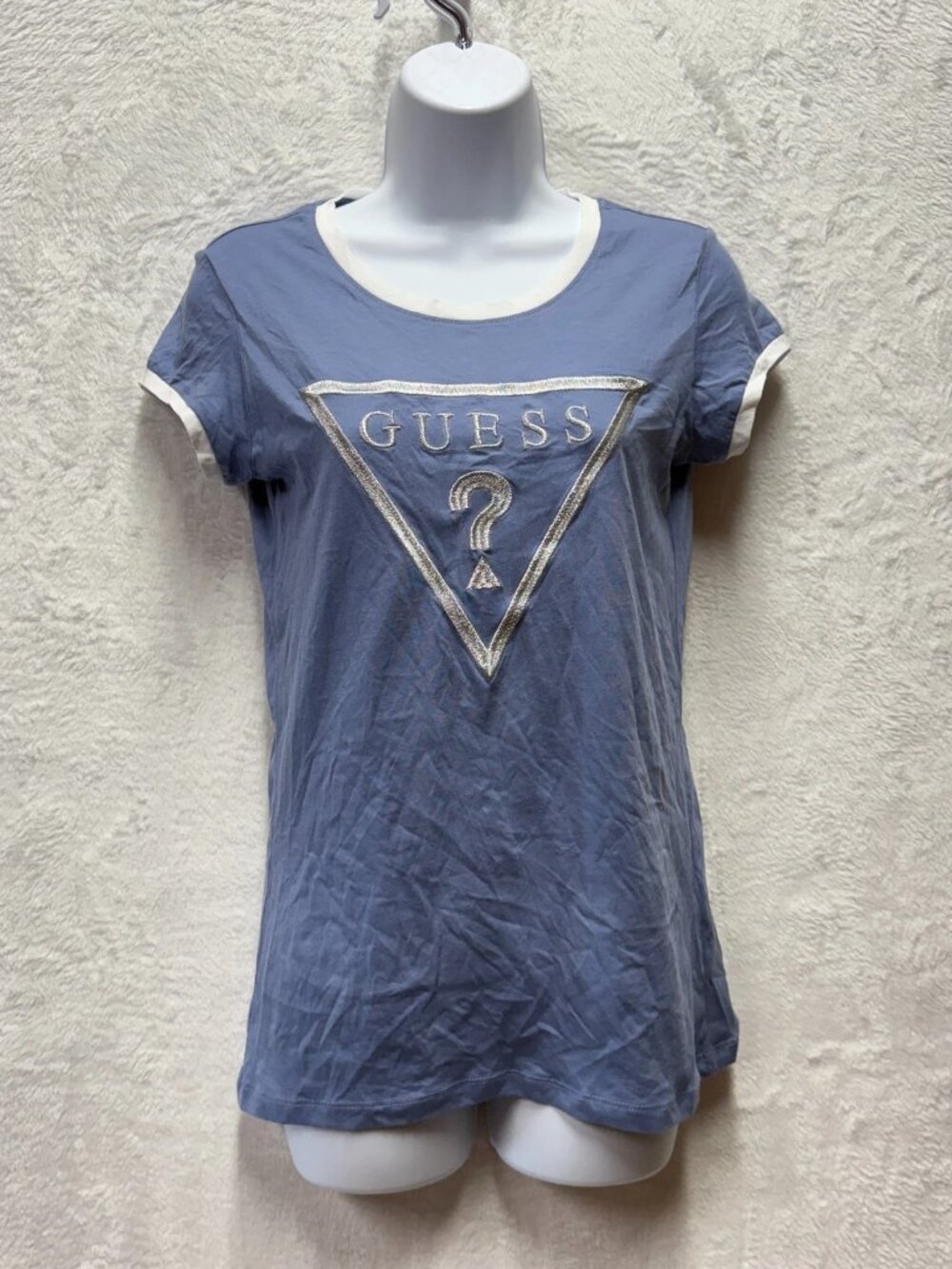 Guess Los Angeles Bhell Logo Ringer Shirt Embroidered Women Medium Blue Metallic